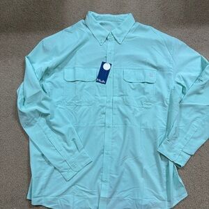 Huk Men's Light Blue-Green Casual fishing Button Down Shirt